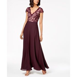 NWT Calvin Klein Womens Size 4 V-Neck Lace & Chiffon Gown Maxi Dress Purple $239